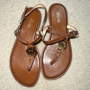 Womens Michael Kors Leather Brown Ankle T-Strap Sandals Flats Shoe